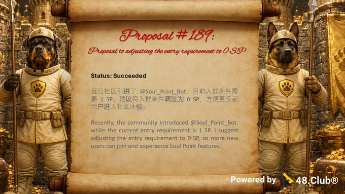 A medieval-styled scroll announces "Proposal #189: Proposal to adjusting the entry requirement to 0 SP," marked as "Status: Succeeded," and explains that the community introduced @Soul_Point_Bot with a request to change the entry requirement from 1 SP to 0 SP so more new users can join. The decorated banner is flanked by two knights in armor with dog-like helmets, reinforcing the successful approval of the proposal highlighted in the accompanying post.
