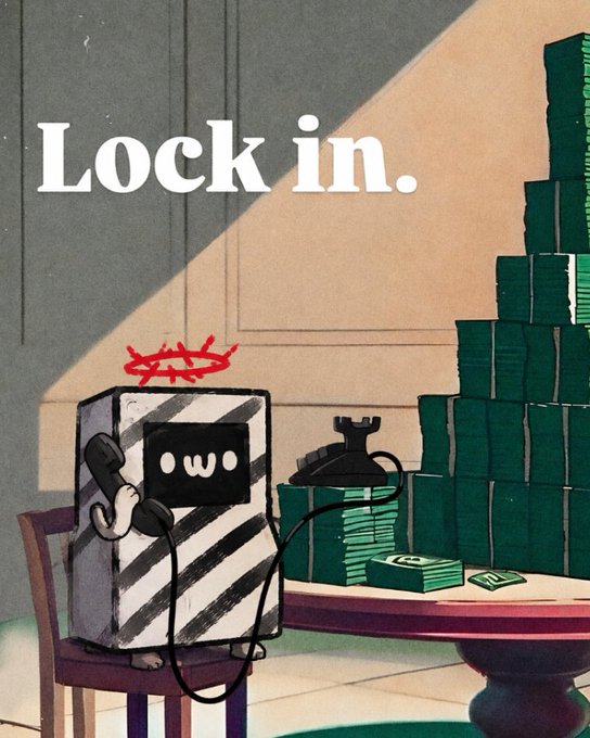A cartoon ATM character with a halo sits chained to a phone on a chair next to a massive stack of cash bundles, with bold text reading "Lock in."—visually illustrating the meme's theme of being intensely "locked in" to a grind, with the ATM representing relentless focus and dedication to accumulating money.