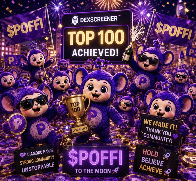 A celebratory crypto meme features purple 'POFFI' mascots wearing sunglasses holding flags and a trophy, with text 'DEXSCREENER TOP 100 ACHIEVED!', '$POFFI TO THE MOON', and messages like 'WE MADE IT! THANK YOU COMMUNITY!' and 'HOLD BELIEVE ACHIEVE'.