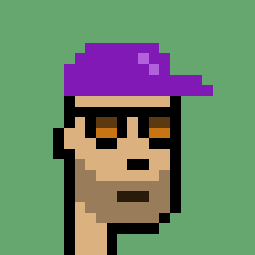 A pixel art portrait of a man with a beard wearing a purple cap, set against a solid green background.