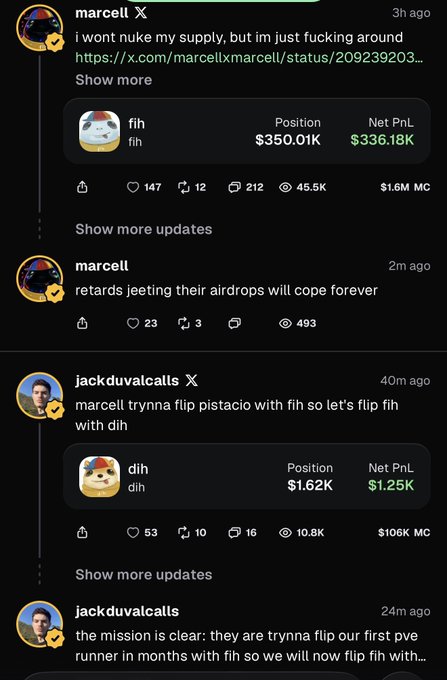 The image shows X/Twitter posts from "marcell" joking about selling his "fih" supply while already sitting on a $336.18K unrealized profit on a $350.01K position, and "jackduvalcalls" announcing they're flipping "fih" with "dih" (which has a $1.25K profit), with "marcell" calling critics "retards" who will "jeet their airdrops" — capturing the chaotic, schizo meme-coin trading banter that perfectly embodies the "Never change Solana" sentiment.