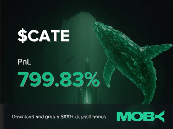 A Moby promotional graphic advertises a winning trade on the $CATE token, displaying a striking PnL of +799.83% against a dark green underwater scene featuring a whale. The banner includes a call-to-action to download the app and claim a $100+ deposit bonus.