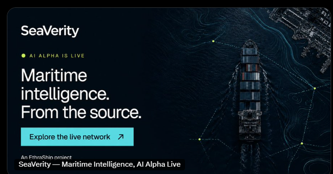 A promotional banner for "SeaVerity" declares "AI ALPHA IS LIVE" and "Maritime intelligence. From the source." alongside an aerial image of a cargo ship and an "Explore the live network" button, tagged as "A FethraShiip project."