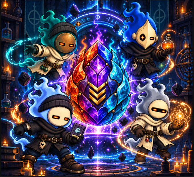 A vibrant fantasy digital artwork depicting four hooded characters with glowing flame-like hair surrounding a large ornate purple and gold crystal/gem in a magical setting with potions and arcane symbols.