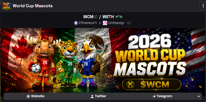 The image features a banner for the World Cup mascots, with a cartoon of an eagle holding a soccer ball. The text on the banner reads "2026 World Cup Mascots $SWCM", indicating that there's a sale going on for these mascots. The website address is provided in the bottom left corner of the image.