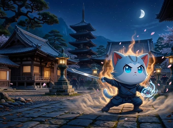 A cartoon cat character dressed in ninja attire wields a glowing sword and a magical orb in a moonlit Japanese temple courtyard with cherry blossoms and a pagoda in the background.