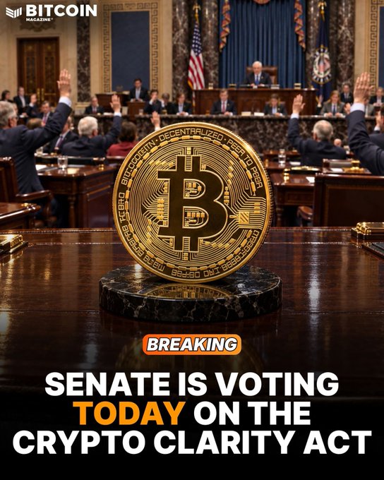 A Bitcoin Magazine graphic featuring a golden Bitcoin coin displayed on a podium in a Senate chamber setting, with the text "BREAKING: SENATE IS VOTING TODAY ON THE CRYPTO CLARITY ACT."