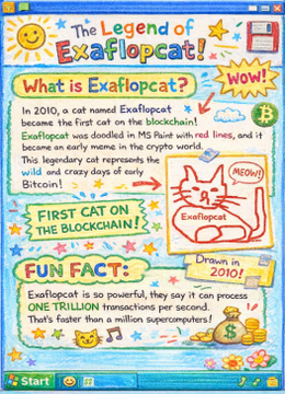 The image shows a MS Paint-style infographic titled "The Legend of Exaflopcat!" explaining that Exaflopcat was the first cat on the blockchain, created in 2010, and is faster than a million supercomputers with one trillion transactions per second. It uses the playful, crude visual style to match the crude meme caption celebrating Exaflopcat's tokenization as "The Cashcat of Bitcoin" on STONK.