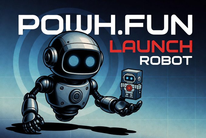 The image features a sleek black robot holding a small blocky robot figure, with bold text reading "POWH.FUN LAUNCH ROBOT" — visually symbolizing the platform's powh.fun service that enables AI agents to programmatically launch tokens, as described in the accompanying post about agent-driven coin launches.
