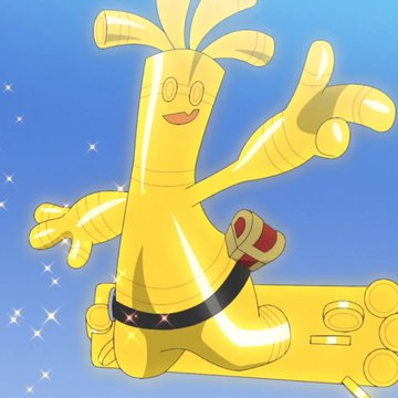 An illustration of a yellow banana-like cartoon character with a red top and black belt striking a pose against a blue starry background.