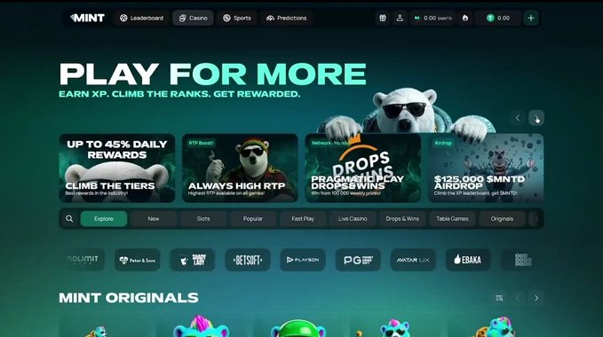 Screenshot of the MINT online casino website homepage showing 'PLAY FOR MORE' banner, navigation tabs for Casino, Sports, and Predictions, and promotional cards for daily rewards and drops & wins.