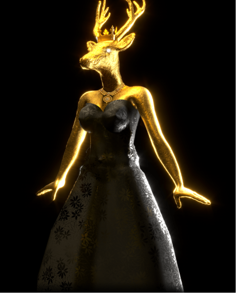A golden-glowing deer-headed figure wearing an elegant patterned gown stands against a black background, evoking a regal, mythic presence fitting for the upcoming AURIA NFT collection on the Robinhood Chain. The luminous deer queen serves as a striking visual mascot for the AURIA brand and its forthcoming free mint release.