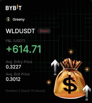 The image shows a Bybit trading screenshot for user "Greeny" with a profitable WLDUSDT short position yielding +$614.71 (entered at 0.3227, exited at 0.3012 over 2 days, 13 hours), alongside an illustration of a money bag with upward arrows—visually representing one of the "odd cooks" or winning trades the poster mentions from their de-risked perpetual trading portfolio during on-chain season.
