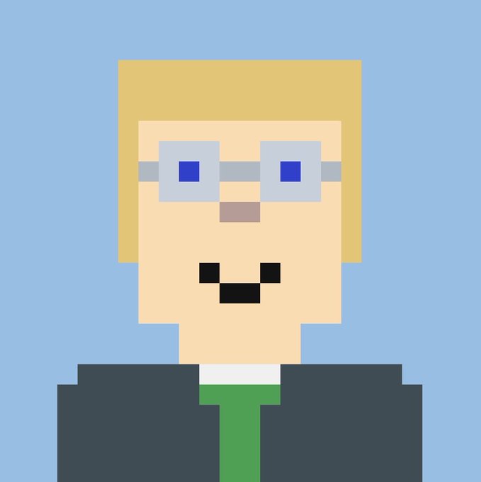 A pixel art avatar of a blonde character with square glasses, a small smile, a green tie, and a dark suit, set against a light blue background—likely representing the BEEPLE "STONKBROKER" NFT gifted to Adam Weitsman, whose profile features a similar pixelated style.