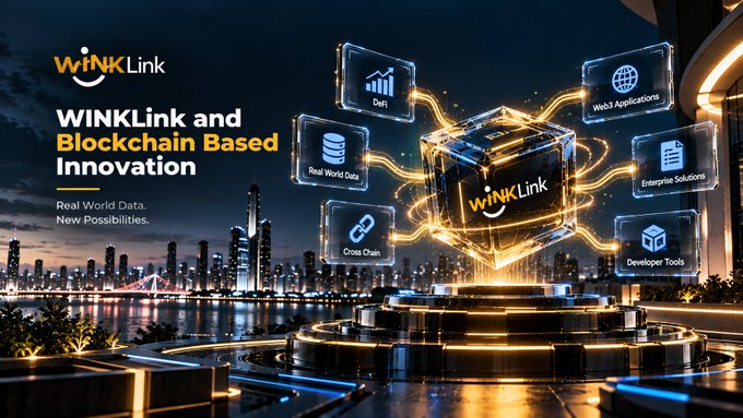 A promotional graphic for WINKLink titled 'WINKLink and Blockchain Based Innovation,' set against a cityscape, highlighting features like DeFi, Real World Data, and Cross Chain capabilities.