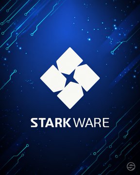 A blue digital graphic displays the white StarkWare logo, consisting of a four-pointed geometric diamond, with the text 'STARK WARE' below it against a circuit-board background.