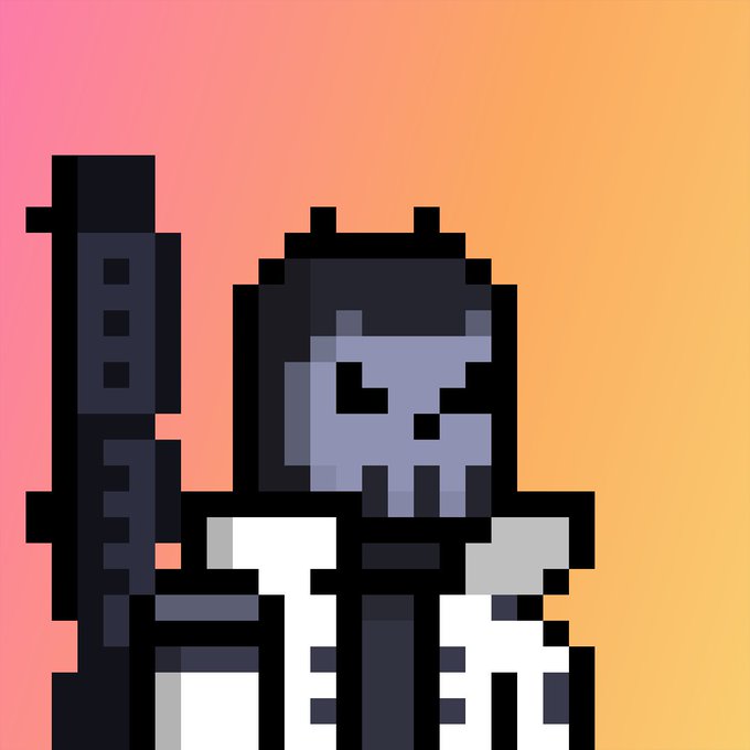 A pixel art illustration shows a dark figure wearing a helmet and armor, holding a large weapon, set against a gradient orange and pink background.