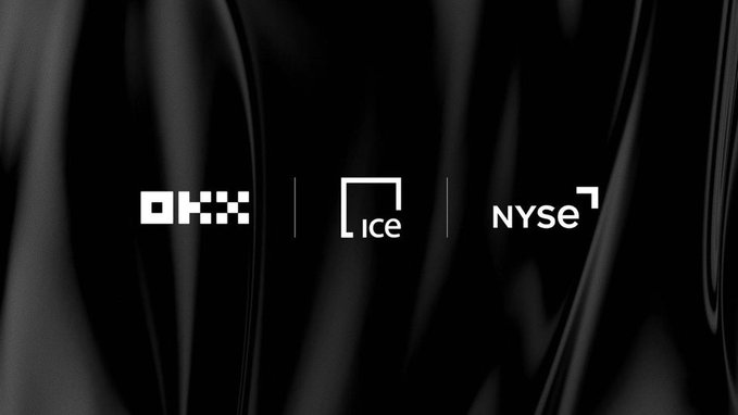 The image features a logo for three companies - ICE, NYSE, and @okx. These companies are forming a joint venture with a 50-50 partnership, aiming to create tokenized financial markets that will be regulated as FCM (Financial Contracts Market). The venture plans to operate in the U.S., providing users of their platform access to ICE and NYSE futures and options trading services.