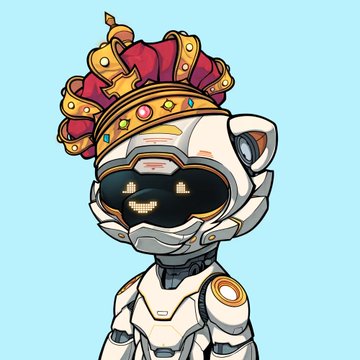 A cartoon illustration of a white robot character wearing sunglasses and an ornate red and gold crown.
