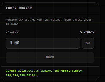 A dark-themed interface for a 'TOKEN BURNER' showing a balance of '0 CARLAO', with text indicating 'Burned 2,126,847.45 CARLA0. New total supply: 983,384,350.59111.'