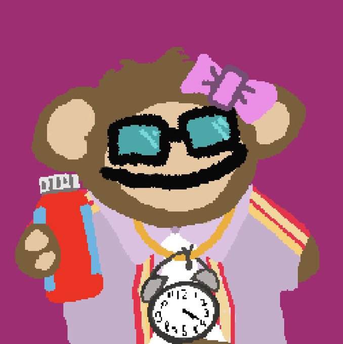 Pixel art illustration of a brown bear wearing sunglasses, a pink bow, and a striped shirt, holding a soda can and a clock.