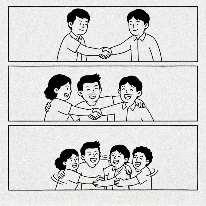 A black-and-white comic showing a handshake between two men expanding into a group hug with growing numbers of happy friends, illustrating the OKX referral program where users can invite friends to earn up to 150 USDT rewards.