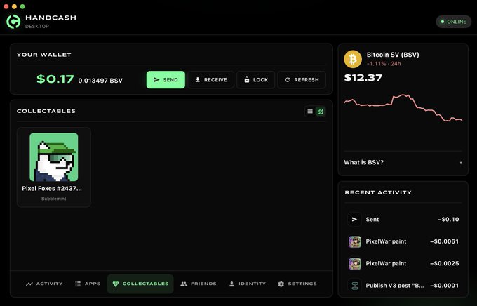A screenshot of HandCash Desktop wallet application showing a balance of $0.17 (0.013497 BSV), a Bitcoin SV chart at $12.37, and recent transactions including PixelWar paint activities.