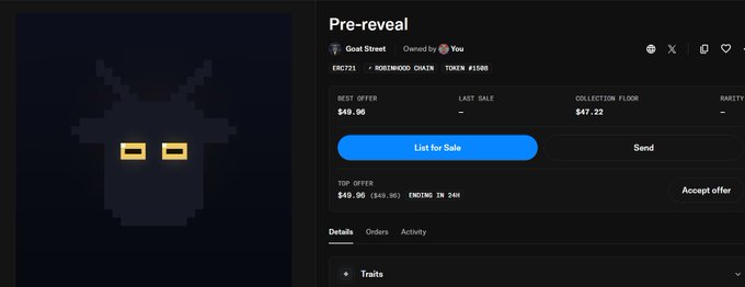 An NFT marketplace interface showing a 'Pre-reveal' listing from 'Goat Street' (ERC721, ROSENWOOD CHAIN, TON18 #1680) with a best offer of $49.96 and last sale of $47.32, featuring a dark pixelated creature on the left.
