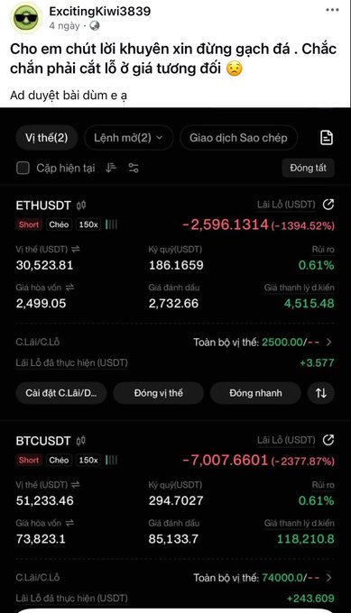 A Binance trading screenshot showing a user named "ExcitingKiwi3839" with substantial losses on leveraged short positions for ETH/USDT (-1394.52%) and BTC/USDT (-2377.87%), alongside Vietnamese text joking about giving only stones as advice.