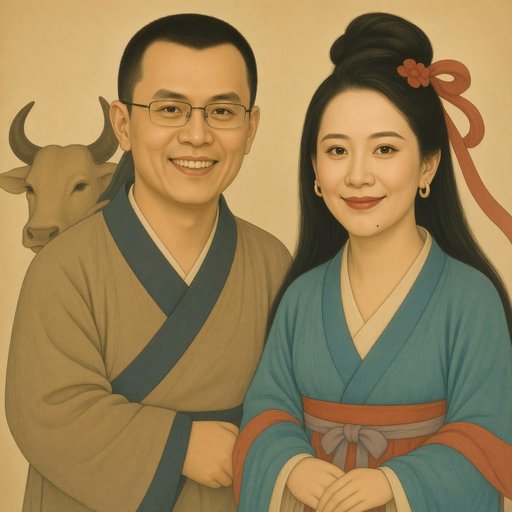 A traditional-style painted portrait of a smiling man and woman in historical Asian robes, with the woman adorned with a red hairpiece, accompanied by a cow in the background.