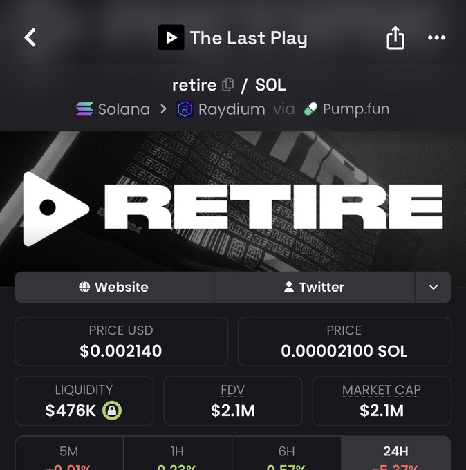 A screenshot of a cryptocurrency trading page for a token called 'retire' (SOL), showing the title 'The Last Play', with a current price of $0.002140, an FDV of $2.1M, and a liquidity of $476K.