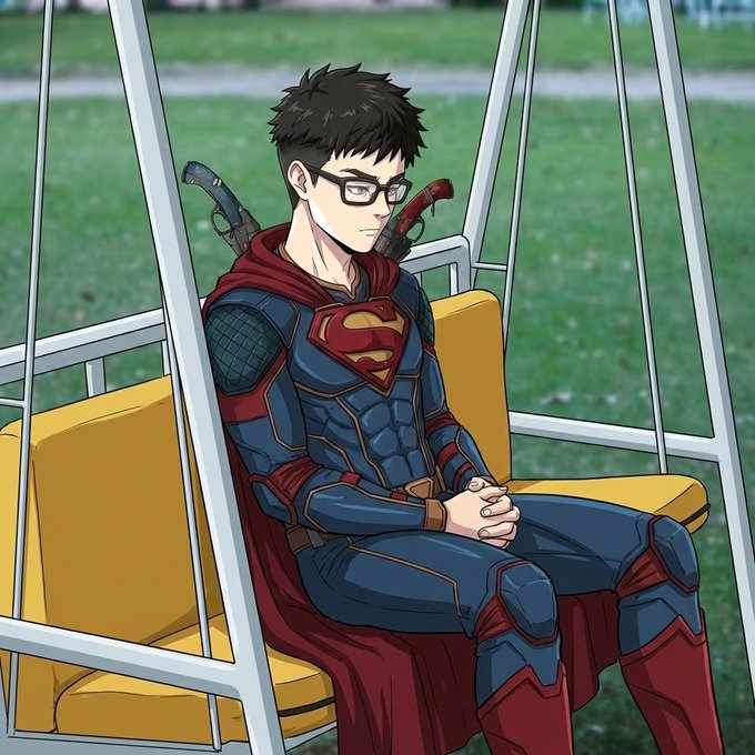 An anime-style illustration depicts a young man with black hair and glasses, wearing a blue Superman suit with a red cape and the iconic 'S' shield, sitting pensively on a yellow swing with two swords strapped to his back.