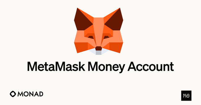 A logo for 'MetaMask Money Account' featuring the geometric orange fox head of the MetaMask brand, with 'MONAD' text and logo at the bottom left and 'M3' at the bottom right.