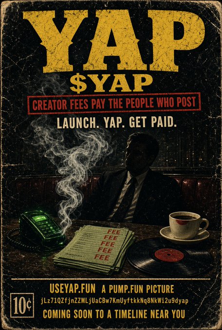 A vintage-style poster titled 'YAP $YAP' advertises 'Creator fees pay the people who post' with the text 'Launch. Yap. Get paid.' and website 'useyap.fun', styled as 'a pump.fun picture'.