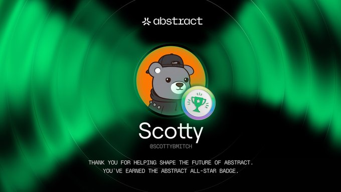 A digital badge from Abstract featuring a cartoon bear wearing a hat in an orange circle, alongside a green trophy icon. The text reads "Abstract," "Scotty @scottybmitch," and "Thank you for helping shape the future of Abstract. You've earned the Abstract All-Star Badge," celebrating Scotty's contribution to building "Bearish" and earning him recognition as an Abstract All-Star.