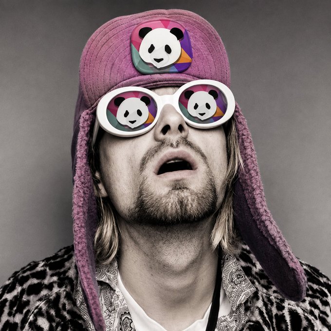 A man wearing a pink trapper hat and white-framed sunglasses features cartoon panda designs on both accessories, fitting the post's reference to "$panda is the asian doge." The bold, eccentric styling with leopard print coat complements the playful, meme-like tone of the crypto commentary urging followers not to be "sidelined."