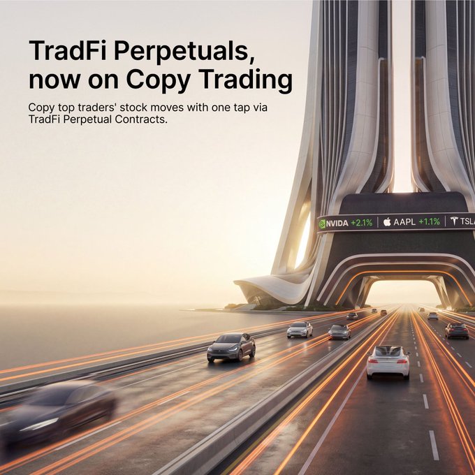 A futuristic highway leads toward a towering skyscraper displaying stock tickers "NVDA +2.1%", "AAPL +1.1%", and "TSLA", with the headline "TradFi Perpetuals, now on Copy Trading" promoting the ability to copy top traders' stock moves like Tesla, Apple, and Nvidia via TradFi Perpetual Contracts.