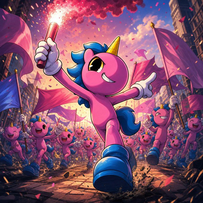 A triumphant pink unicorn mascot with a blue mane charges forward holding a lit flare, rallying a crowd of cheering pink unicorn followers waving flags amid a celebratory explosion of confetti and smoke. The imagery directly visualizes the $UFD community's "100% movement by the people," capturing the energy of a grassroots crypto revolution rallying supporters for the people-powered token.