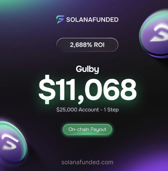 The image features a black background with purple circles containing dollar signs that show a challenge for someone to enter a $25,000 account. The text at the bottom of the picture reads "Most people think the only way to trade bigger is to risk more of their own money".