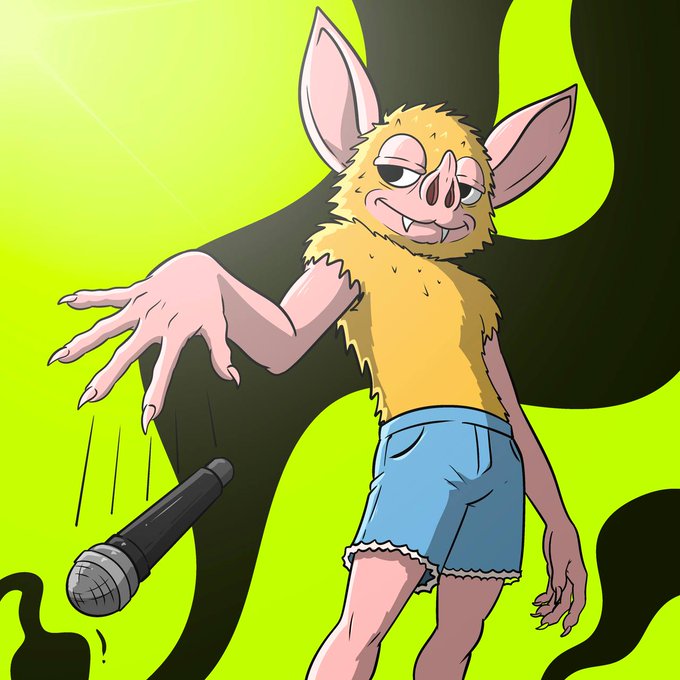 An anthropomorphic bat-like furry character in a yellow fur vest and denim shorts drops a microphone with a smug, half-lidded expression against a bright green background, perfectly capturing the dismissive "ask hoodrat" attitude.
