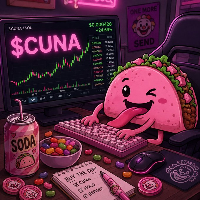 A pink cartoon taco winks while typing on a keyboard in front of a monitor displaying the "$CUNA / SOL" chart at $0.000428 (+24.69%), surrounded by candy, a "Buy The Dip" notepad, and a soda can branded with the token's logo. The scene visually echoes the post's hype around $CUNA by depicting the mascot as an active trader positioned on the dip.