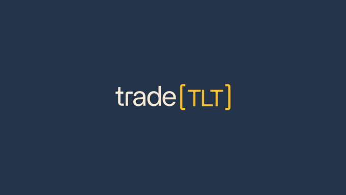 The image displays the text "trade[TLT]" in white and yellow against a dark navy background, promoting the listing of the iShares 20+ Year Treasury Bond ETF (TLT) on a trading platform with 20x leverage available 24/7.
