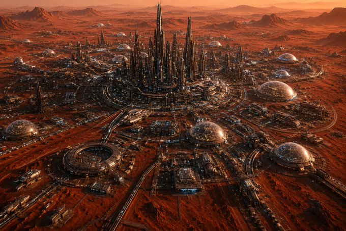 Digital artwork depicting a futuristic city with towering skyscrapers and dome-shaped structures situated in a red, Mars-like landscape under an orange sky.
