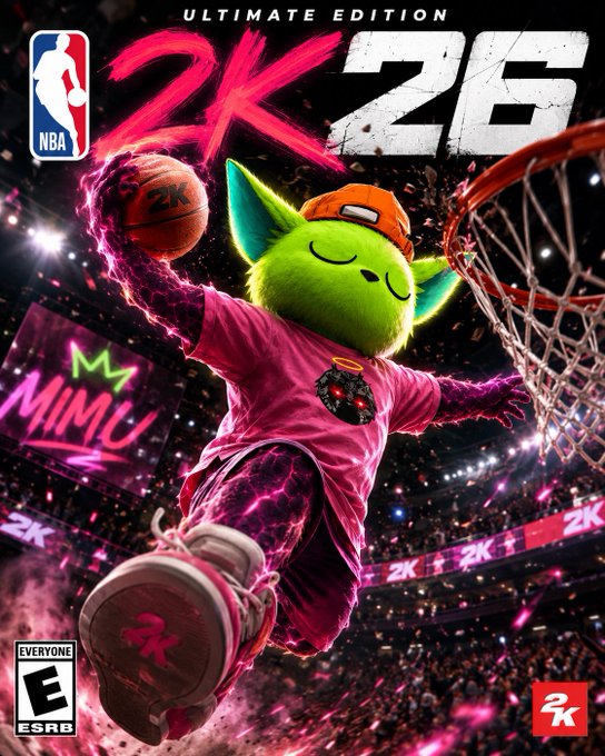 The video game cover for 'NBA 2K26 Ultimate Edition' featuring a green fuzzy mascot in a pink shirt dunking a basketball, with logos for the NBA, 2K, and an Everyone ESRB rating.