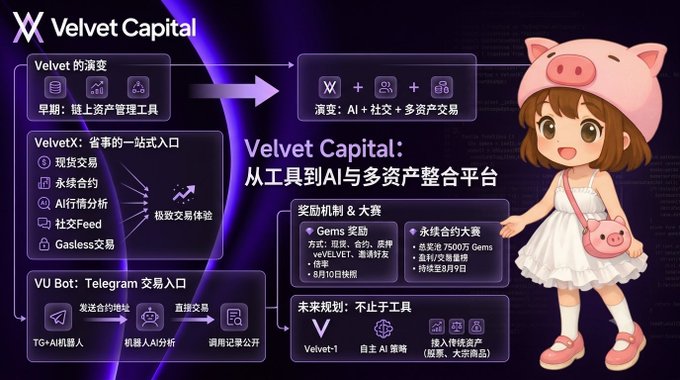 A Chinese promotional graphic for 'Velvet Capital' illustrates the platform's evolution from a tool to an AI and multi-asset integration platform, featuring an anime-style character in a pig hat.