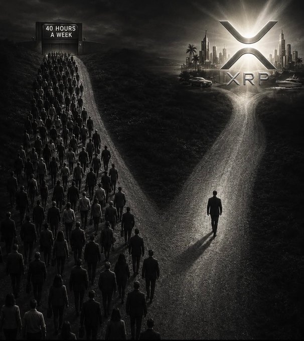The image features a large group of people walking down a road, with an XRP logo prominently displayed above them. The text in the image reads "40 hours a week for XRP", which suggests that the people are working hard to promote and support the cryptocurrency. Additionally, there is a post about Bitcoin adoption growing rapidly, indicating that more people are becoming interested in Bitcoin as a payment method or investment. This highlights the increasing popularity of digital currencies like XRP and Bitcoin among the general public.