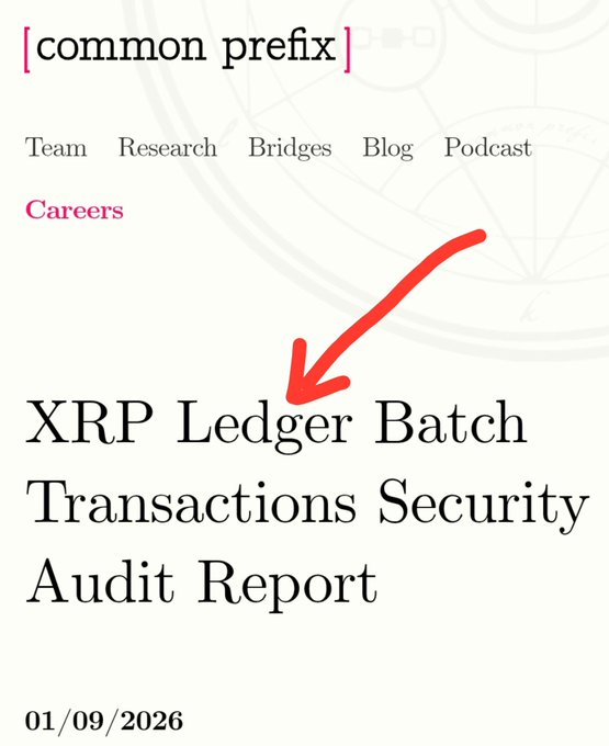 A screenshot of the Common Prefix website featuring a prominent announcement titled "XRP Ledger Batch Transactions Security Audit Report," dated 01/09/2026, with a red arrow pointing to the title. The image visually highlights the completion of the $XRP Ledger security audit, as referenced in the accompanying post.