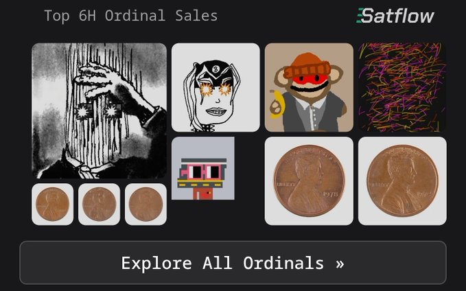 Satflow promotional image showing the 'Top 6H Ordinal Sales' featuring various Ordinal artworks and physical coins, with a call-to-action button to 'Explore All Ordinals'.