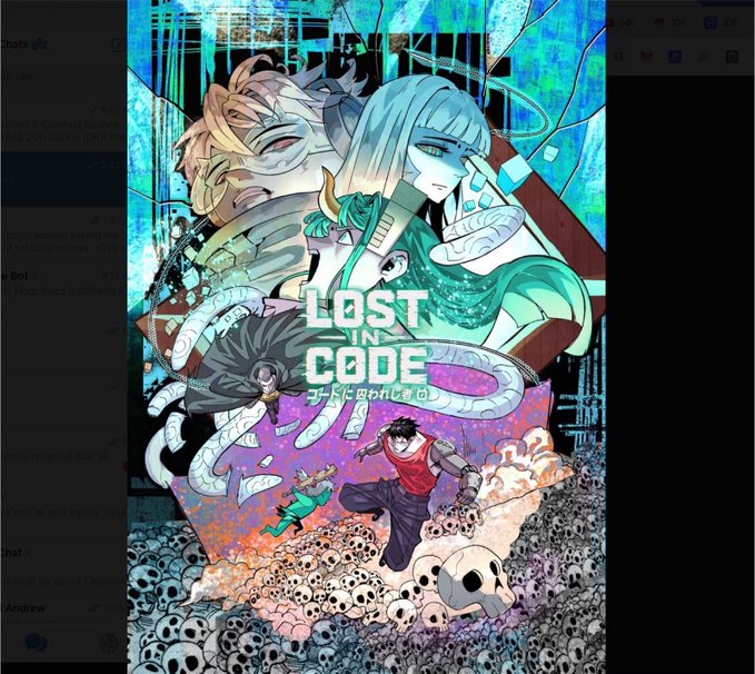 Anime-style promotional image for 'LOST IN CODE' featuring characters fighting amidst tentacles and skulls, overlaid on a dark chat interface background.