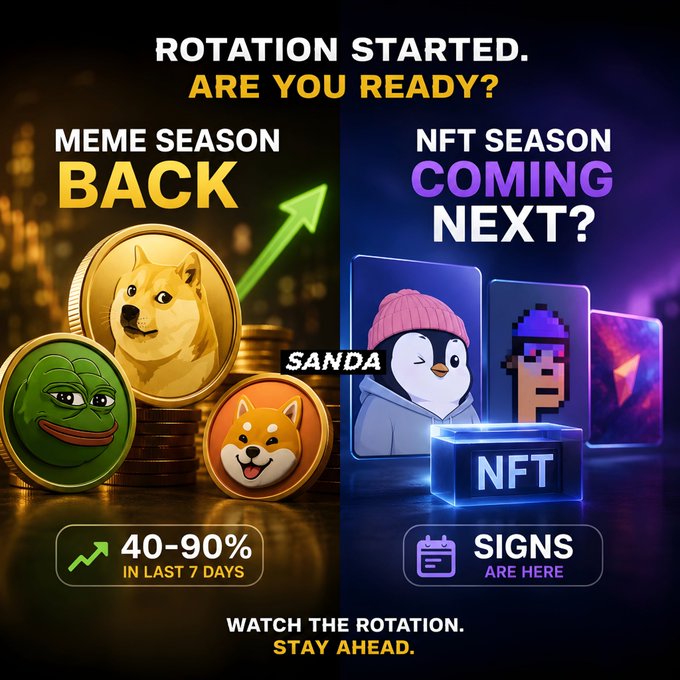 A graphic titled 'ROTATION STARTED. ARE YOU READY?' predicting the return of 'MEME SEASON' with a 40-90% gain in the last 7 days, and hinting at an upcoming 'NFT SEASON'.